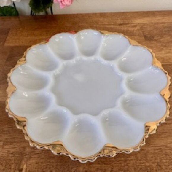 Vintage Milk Glass Deviled Egg Tray with Gold Trim Scalloped Edge Serving Plate - Picture 2 of 7